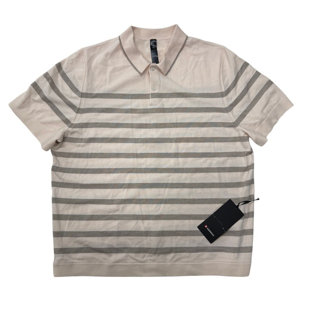 Lululemon New Venture Knit Polo Mens XXL Bone Striped Merino Wool Sweater NWT